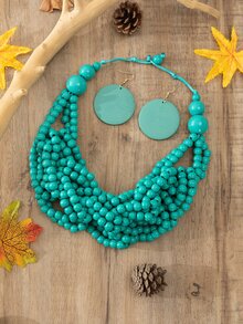 3pcs/set Bohemian Style Wooden Beaded Necklace And Earring Set, Suitable For Women's Daily Wear - Green - View 2