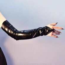 雙女士性感鉤指塗層漆皮手套，帶長袖，適合派對和表演 - 黑色 - 查看 2