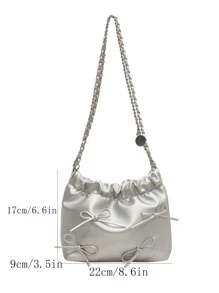 Y2K风格蝴蝶结装饰精致单肩包，时尚百搭纯色链条腋下包，优雅时尚的手提包，适合主题派对、音乐节、街拍、外出逛街约会。 - 銀色 - 查看 4
