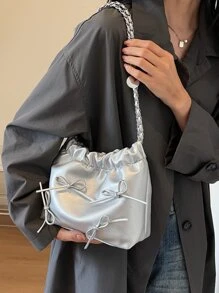 Y2K风格蝴蝶结装饰精致单肩包，时尚百搭纯色链条腋下包，优雅时尚的手提包，适合主题派对、音乐节、街拍、外出逛街约会。 - 銀色 - 查看 2