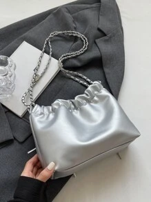 Y2K风格蝴蝶结装饰精致单肩包，时尚百搭纯色链条腋下包，优雅时尚的手提包，适合主题派对、音乐节、街拍、外出逛街约会。 - 銀色 - 查看 6