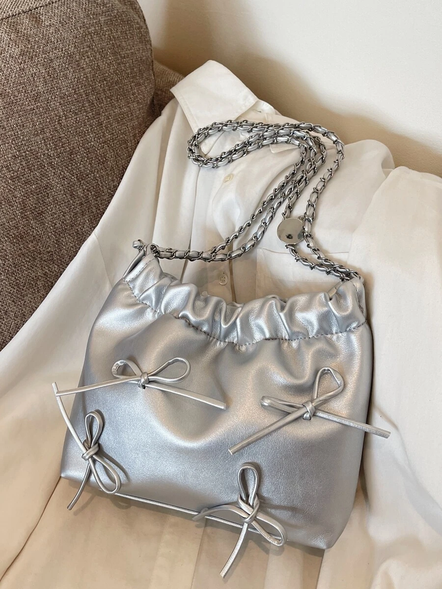 Y2K风格蝴蝶结装饰精致单肩包，时尚百搭纯色链条腋下包，优雅时尚的手提包，适合主题派对、音乐节、街拍、外出逛街约会。 - 銀色 - 查看 1