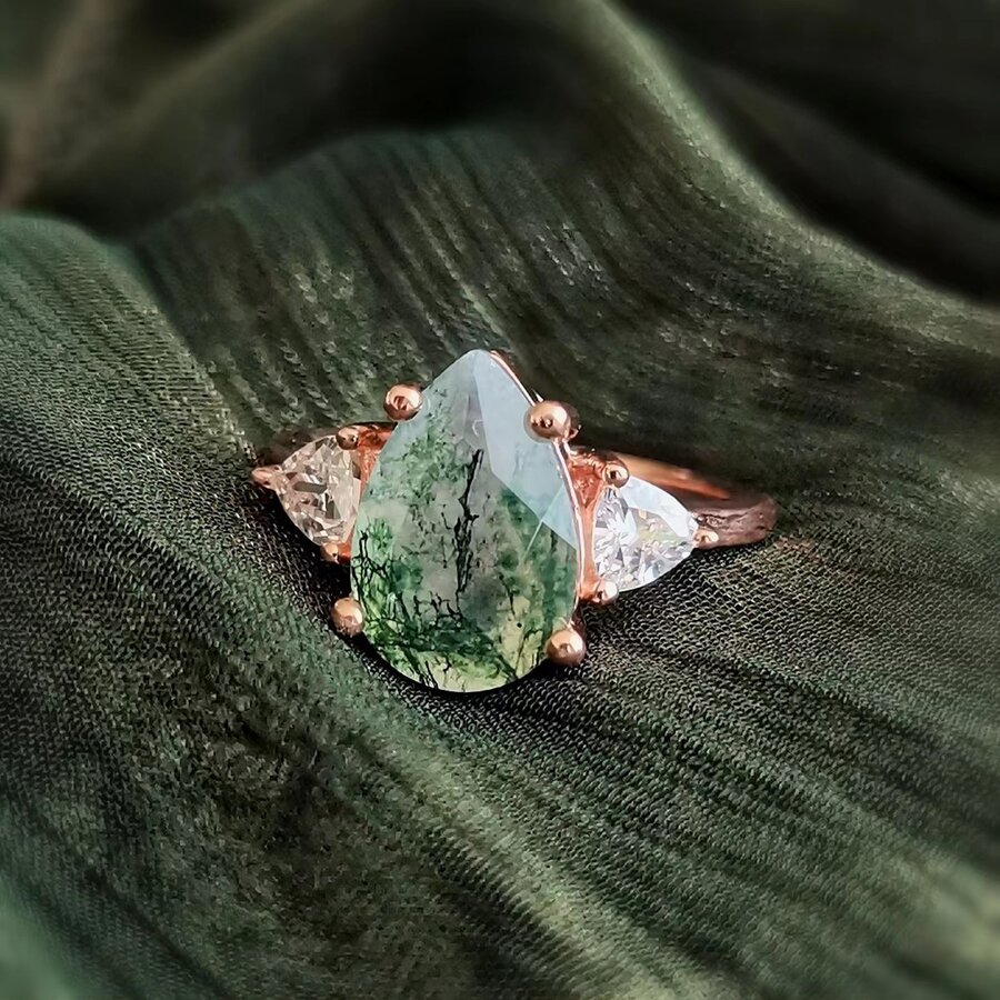 1 Miếng Tự nhiên Mã não đá Hình dạng Lê Cắt 925 sterling bạc Nhẫn đính hôn , Qủa tặng Đối với phụ nữ - màu xanh lá - Xem 1