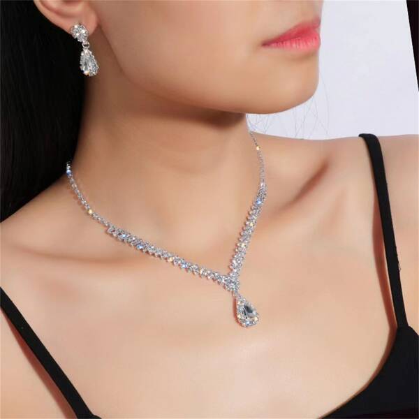 2 Stücke Set (Halskette + Ohrringe) Damen Luxus Silber Tränenform V-förmig Strass Quaste Braut Halskette Ohrringe Schlüsselbein Kette personalisierter Modeschmuck