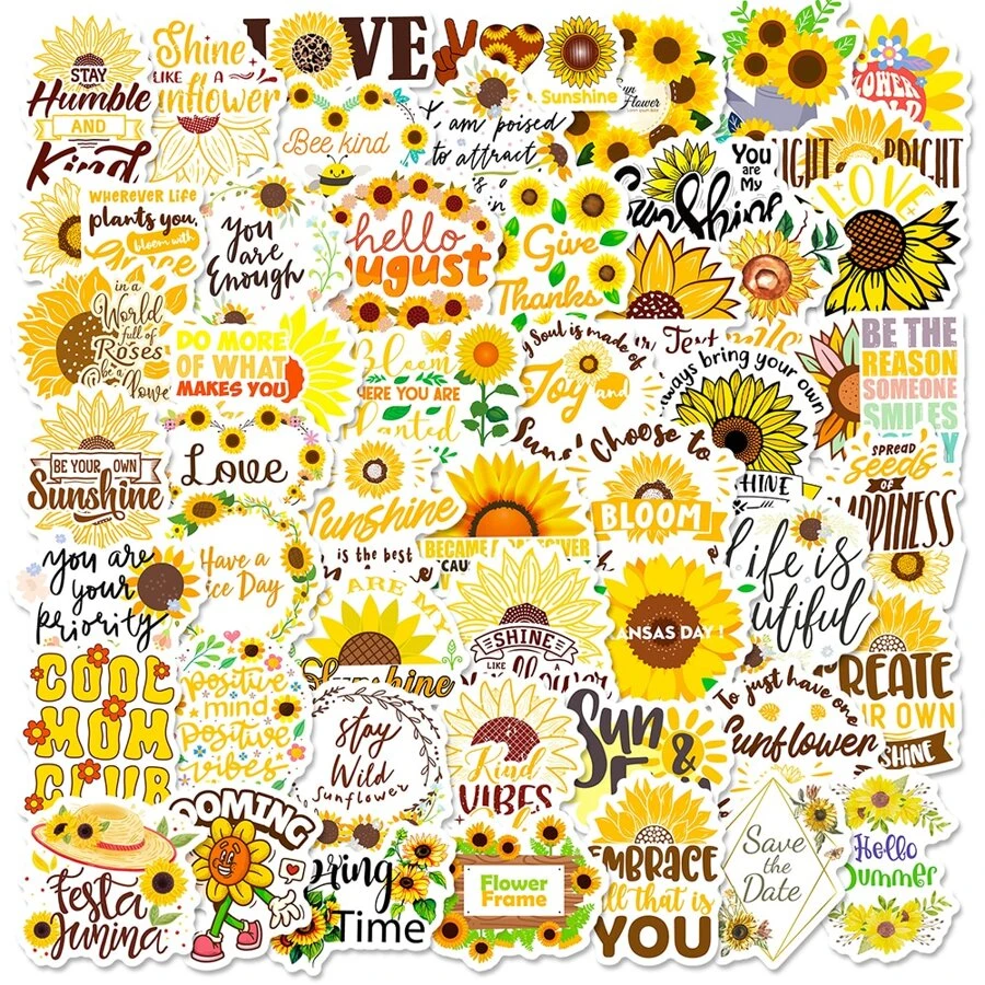 50入組太陽花字體防水diy創意塗鴉貼紙,適用於吉他、滑板、水壺、杠、頭盔、雪板、筆記型電腦、手機殼、冰箱門、行李箱塗鴉貼紙,完美的聖誕禮物