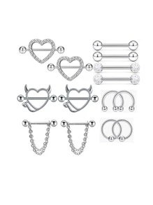 14pcs/Set Stainless Steel Crystal Butterfly Nipple Piercing Jewelry Set Flower Nipple Rings Dangle Bulk Pineapple Nipple Piercing Barbell - Silver - View 1