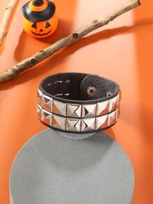 1pc Western Style Square Beaded Rivet Punk Pu Leather Bracelet For Women - Black - View 2