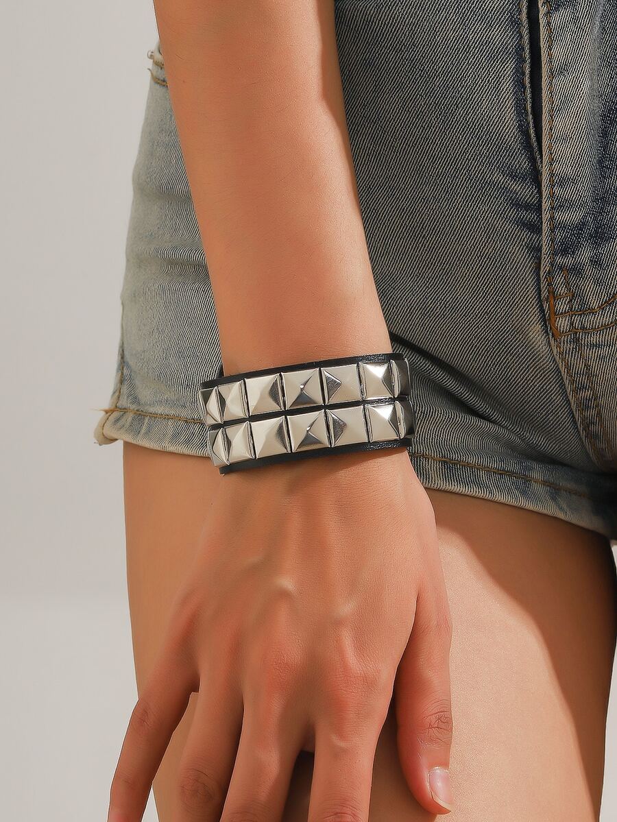 1pc Western Style Square Beaded Rivet Punk Pu Leather Bracelet For Women - Black - View 1