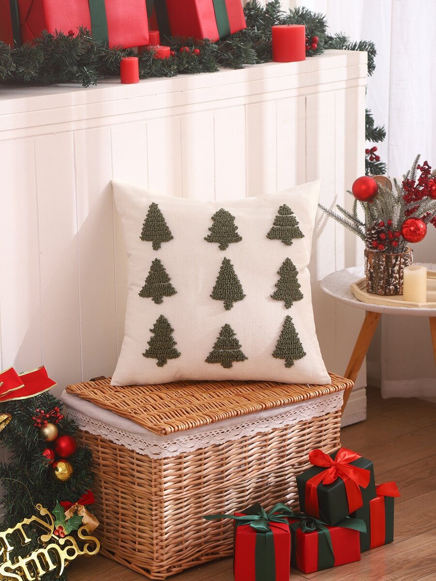 Miater 1pc Canvas 3d Embroidered Christmas Tree Pillow Cover - Beige - View 1
