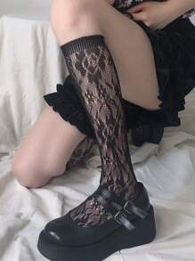 1 Pair Solid Color Mesh & Rose Pattern Lolita Style Ankle Socks, Cute Japanese Style Women's Mid-calf Socks - Black - View 5