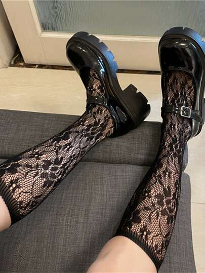 1 Pair Solid Color Mesh & Rose Pattern Lolita Style Ankle Socks, Cute Japanese Style Women's Mid-calf Socks