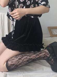 1 Pair Solid Color Mesh & Rose Pattern Lolita Style Ankle Socks, Cute Japanese Style Women's Mid-calf Socks - Black - View 4