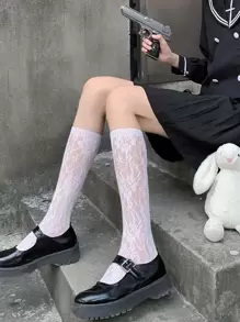 1雙純的顏色網紗&玫瑰樣式洛麗塔風格長筒襪,可愛日本中筒襪適合女士