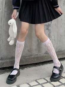 1雙純的顏色網紗&玫瑰樣式洛麗塔風格長筒襪,可愛日本中筒襪適合女士