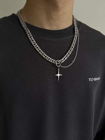 1條時尚不鏽鋼男士項鍊,獨特設計的十字形男士項鍊,鎖骨鏈嘻哈風格配件