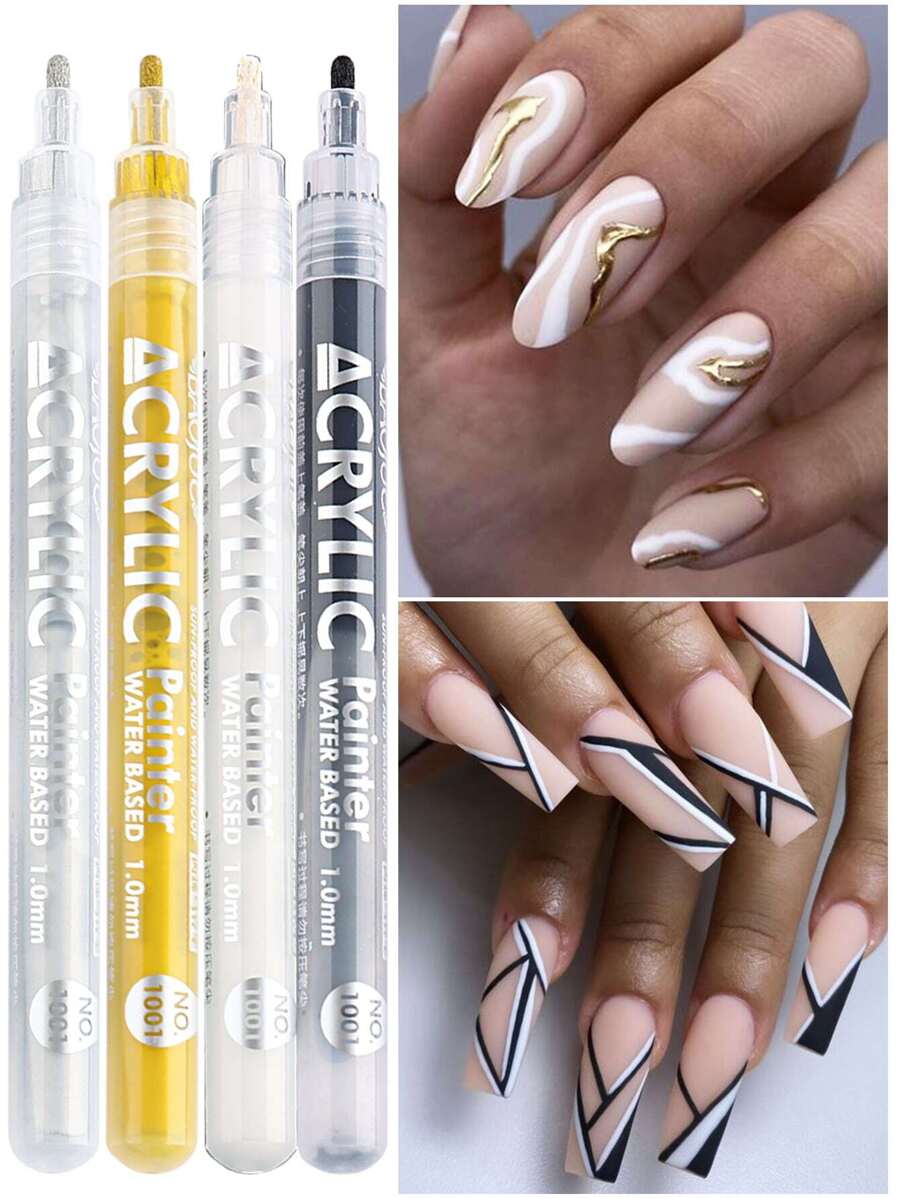 Gel & Acrylic Nail Art Pens Set - Golden Silvery Black White DIY Drawing Marker For Dotting, Lining & Graffiti On Nails, Includes Highlighter & Outline Tools For Salon Or Home Manicure, Precision Painting Supplies 4pcs - Multicolor - View 1