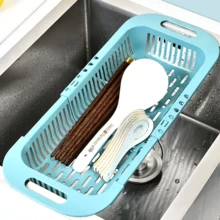 1pc Kitchen Sink Storage Basket For Fruit & Vegetable And Adjustable Retractable Drain Basket - Blue - View 6