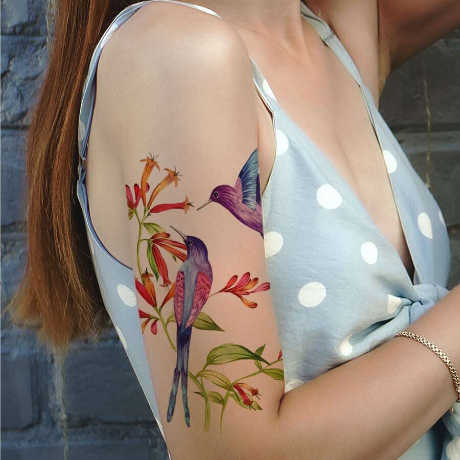 1入組假紋身貼紙,藍色的鳥花植物圖案臨時紋身貼,防水身體手臂彩妝假紋身貼適合男人和女性 - 彩色 - 查看 1