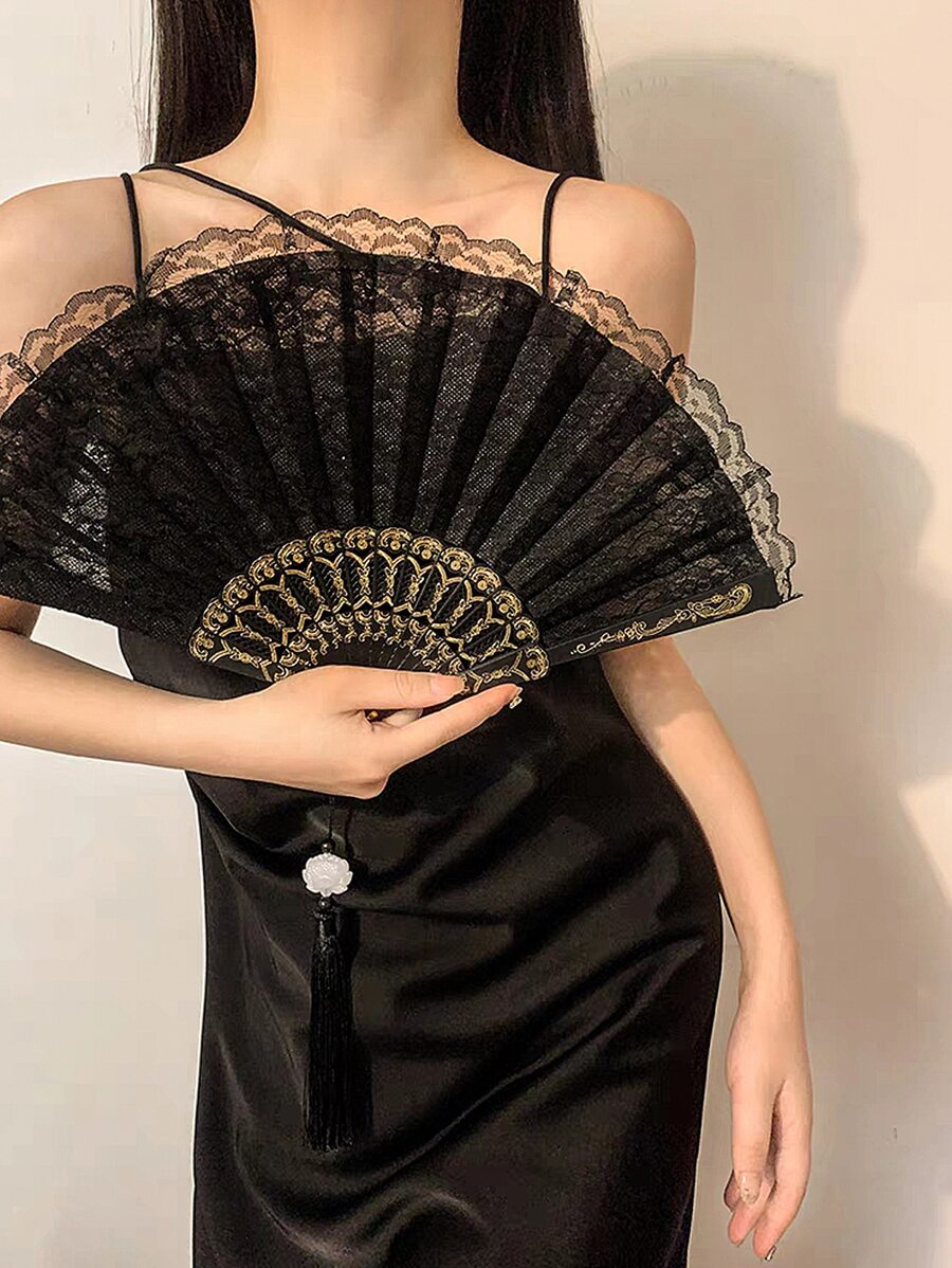 1 chiếc quạt gấp cầm tay họa tiết hoa ren cổ điển trơn, thích hợp cho mùa xuân/hè, tiệc hóa trang (màu vòng treo ngẫu nhiên) ngày lễ tình nhân ngày lễ tình nhân - màu đen - Xem 1