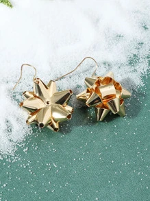 1pair Fashionable New Christmas Design Metallic Flower Earrings For Women, Suitable For Festival Occasions - Yellow Gold - View 3