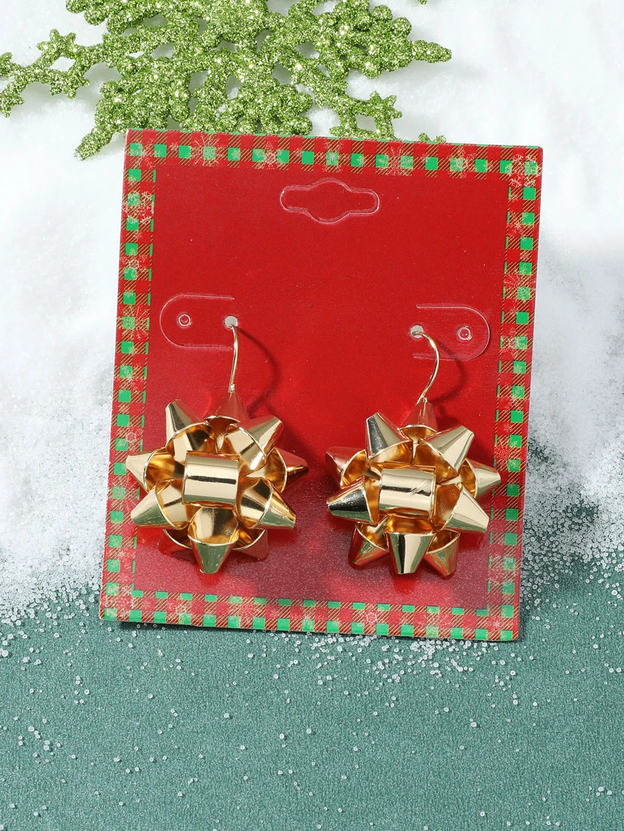 1pair Fashionable New Christmas Design Metallic Flower Earrings For Women, Suitable For Festival Occasions - Yellow Gold - View 1