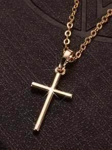 1pc Men's Gold Plated Rhinestone-encrusted Cross Necklace - Yellow Gold - View 12