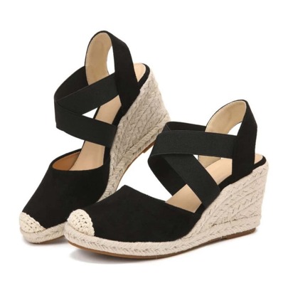 Women's Peep Toe Espadrille Sandals With Suede Fabric And Jute Rope Wedge Heel