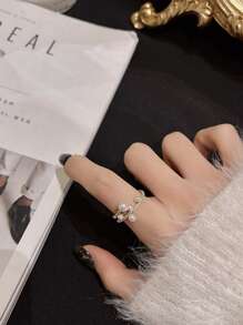 1 件结婚珠宝珍珠，双层水钻镶嵌，不对称，可调节新娘/伴娘开口戒指，也适合约会或情侣优雅