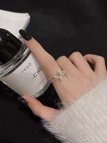 1 件结婚珠宝珍珠，双层水钻镶嵌，不对称，可调节新娘/伴娘开口戒指，也适合约会或情侣优雅