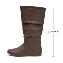 Women's Slouchy Mid Calf Boots Zip Up Flat Boots - 卡其色 - 查看 4