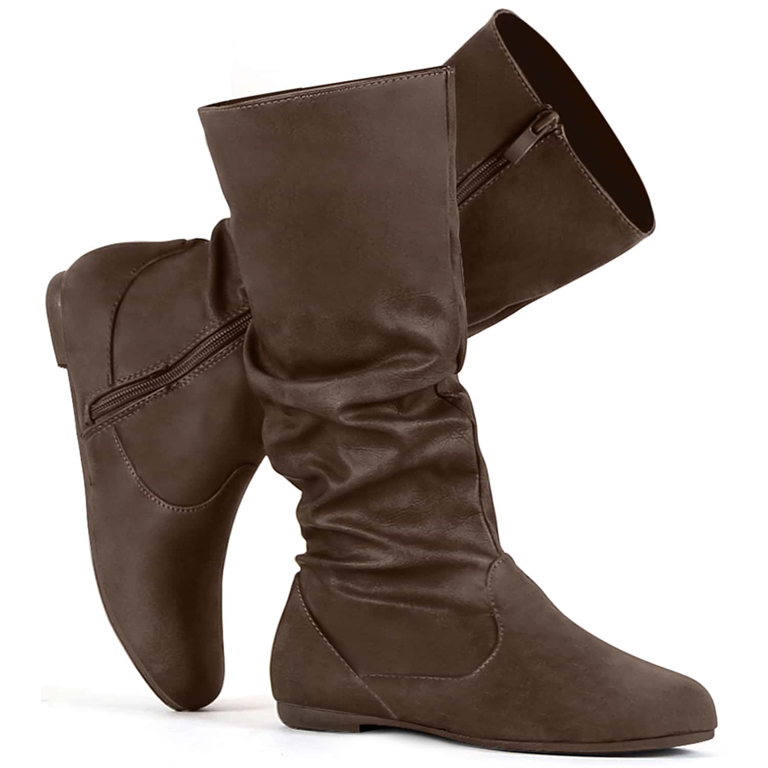 Women's Slouchy Mid Calf Boots Zip Up Flat Boots - 卡其色 - 查看 1