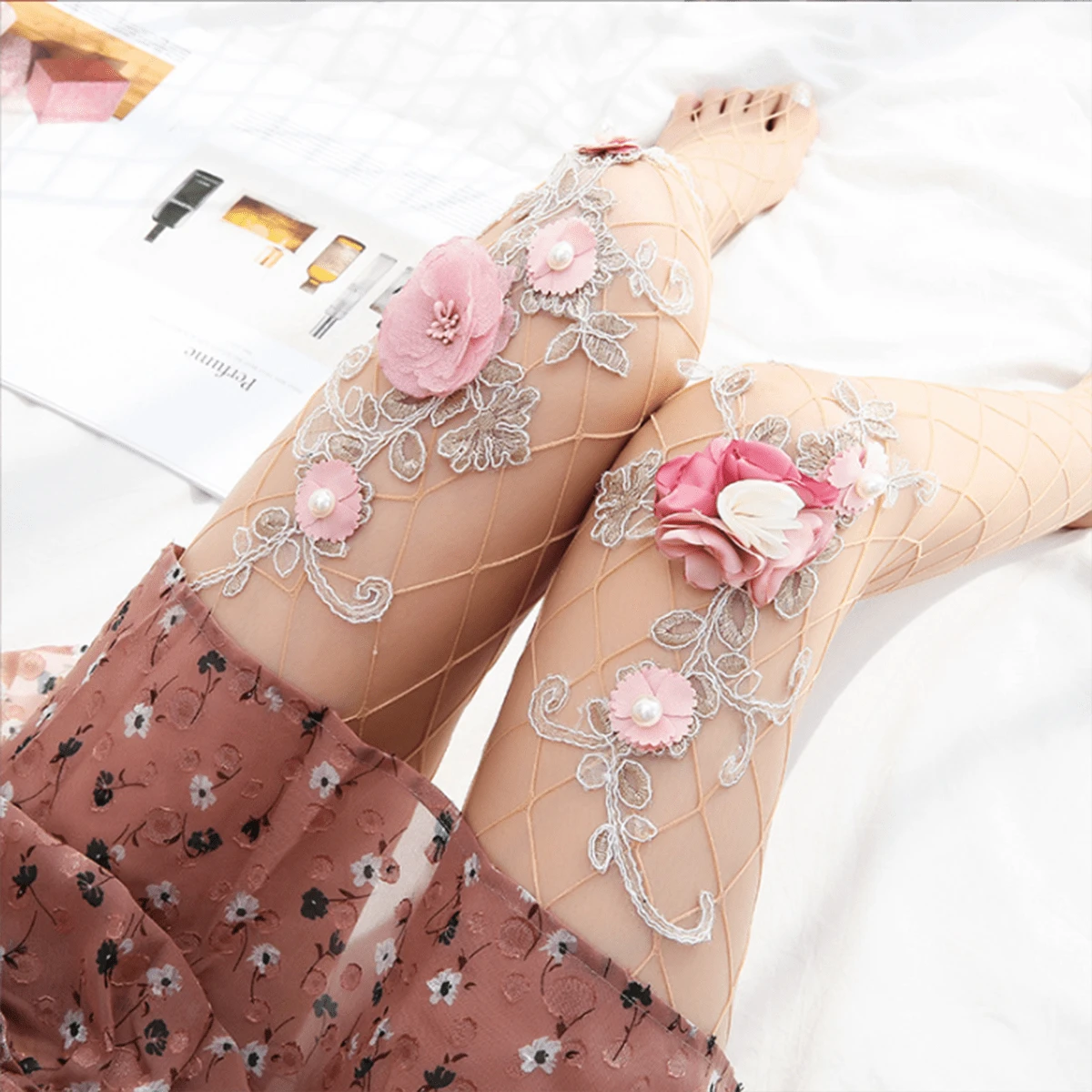 Women's Colorful Flower Patterned Fishnet Tights, Available In White, Black And Skin Color For A Bold And Cute Look - Apricot - View 1
