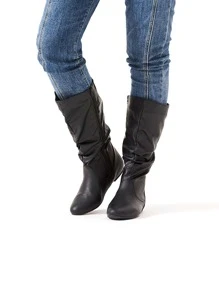 Women's Slouchy Mid Calf Boots Zip Up Flat Boots - 黑色 - 查看 1