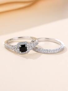 1set Fashionable Black Shiny Cubic Zirconia Ring, A Gift For Women, Decorations For Dating, Engagement Or Wedding, Including Engagement Ring And Wedding Band