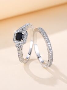 1set Fashionable Black Shiny Cubic Zirconia Ring, A Gift For Women, Decorations For Dating, Engagement Or Wedding, Including Engagement Ring And Wedding Band