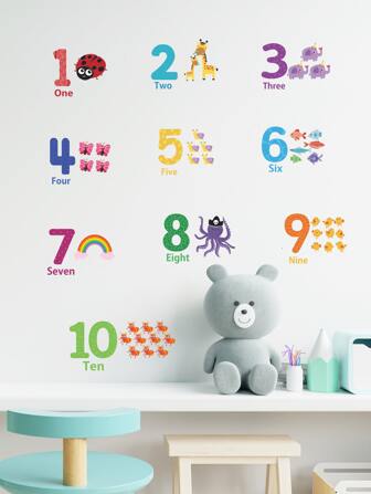 1 set Autocollants muraux avec thème d'animaux de dessin animé et de numéros, autocollants, décalcomanie murale, décalcomanie en vinyle pour décoration de la maison, articles de décoration de printemps pour rafraîchir votre maison, autocollants de décoration Rama