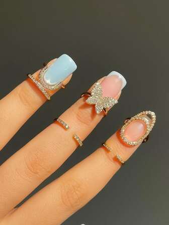 3件铜材质跨境新款微镶锆石指甲戒指创意戒指套装