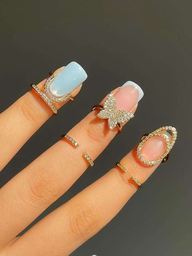 Set de 3 anillos de cobre con incrustaciones de circonita nueva para uñas, anillo creativo - Dorado - Añade 2