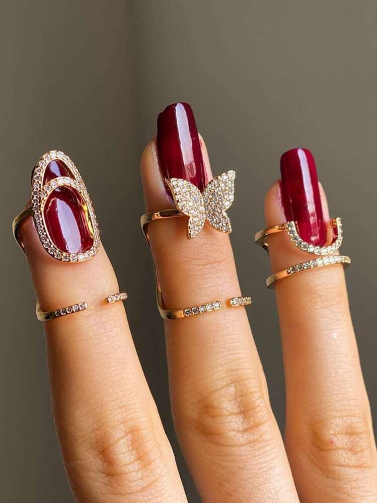 Set de 3 anillos de cobre con incrustaciones de circonita nueva para uñas, anillo creativo - Dorado - Añade 1