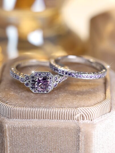 1 套時尚優雅紫色閃閃發光的 Cz 珠寶套裝(戒指、耳環、項鍊),送給女士的完美禮物,適合約會、訂婚和婚禮場合