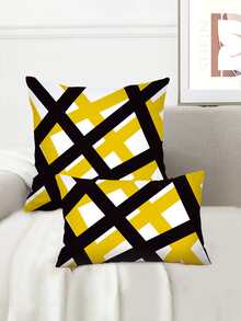 1 Pieza Funda De Cojín Con Diseño Geométrico De Líneas Gruesas En Negro Y Amarillo - Multicolor - Ver 2