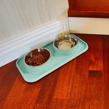 1pc Stainless Steel Double Bowl Design Dog Food Tray With Anti-Slip Bottom, Suitable For Cats And Dogs Indoor Home Use - Green - View 3