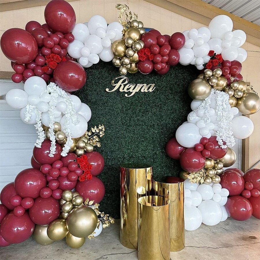 Kit de guirnalda de arco de globos burdeos, 154 piezas de globos burdeos, granate, blancos y dorados metálicos para decoración de fiestas de graduación, bodas, San Valentín, aniversarios, despedidas de soltera y baby shower - Multicolor - Ver 1