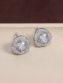 2入組時尚奢華立方鋯石花卉設計耳釘,適合女性日常佩戴 - 銀色 - 查看 1