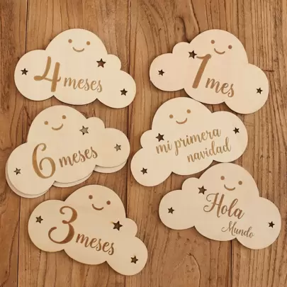 1 set Marcador de hitos de nube de madera para bebés de 1 a 12 meses, accesorio para registro del crecimiento del bebé para fotografía, de doble cara con colgador, decoraciones y regalos para baby shower y Pascua, para niñas/niños