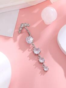 1pc Women's Fashionable & Classic Piercing Belly Button Ring With 4 Sections Of Large Size And A Row Of 5 Rhinestones, Made Of Stainless Steel - Silver - View 4