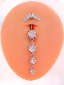 1pc Women's Fashionable & Classic Piercing Belly Button Ring With 4 Sections Of Large Size And A Row Of 5 Rhinestones, Made Of Stainless Steel - Silver - View 1