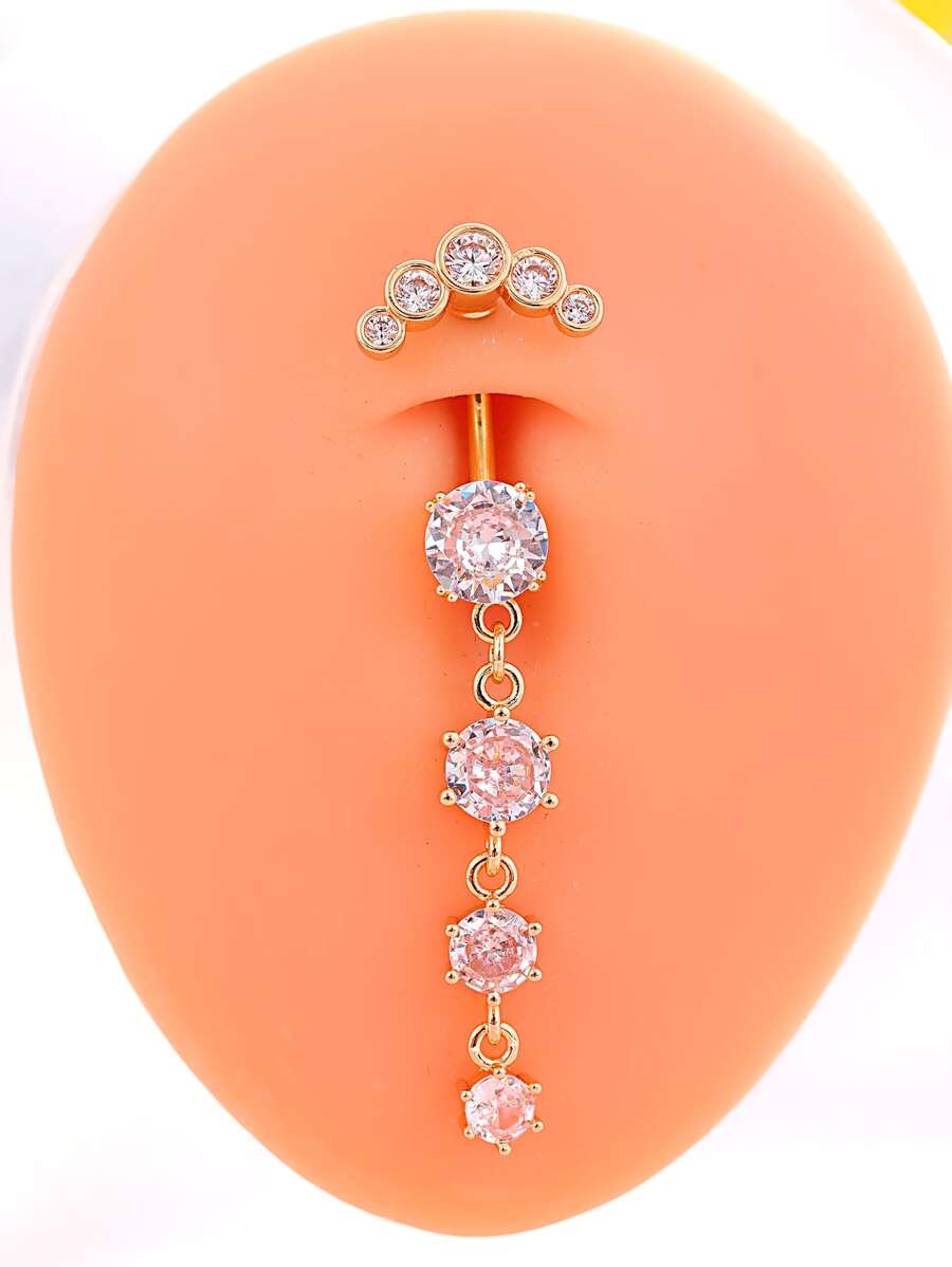 1 pieza 4 piedras preciosas con 5 Diamantes de imitación en A de acero inoxidable ombligo Anillo para mujeres , de moda clásico Joyas perforantes - Amarillo Oro - Ver 1