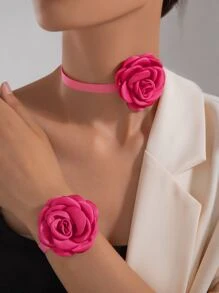 imoli 2 Stücke/Set einfach und frisch Polyester 3D Blumen Armband & Choker Halskette Schmuckset, perfekt als Geschenk für Frauen zum Abend, Valentinstag, Mutter, Muttertag