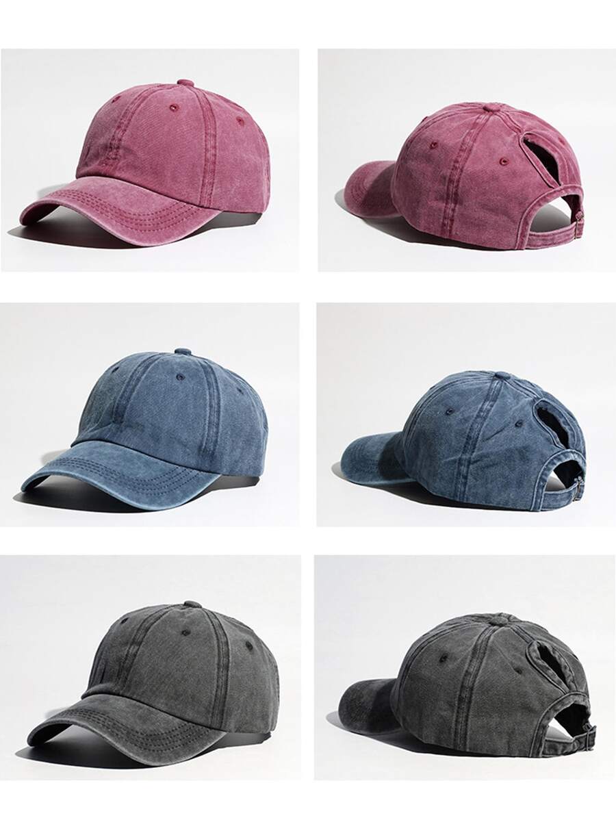 1pc Women's New Solid Color Washed Pony Tail Hole Outdoor Casual Sports Baseball Cap - Dark Grey - View 1